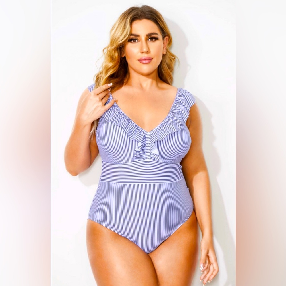 NWT XXL Meet.Curve Striped Ruffle V-Neck Retro One Piece